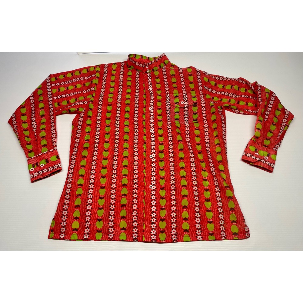 Vintage 70s Apple Flower Print Band Collar Shirt Red Orange L